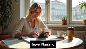 Person planning trip with maps and tablet