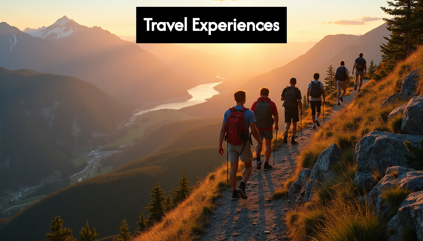 Travelers hiking on sunrise mountain ridge