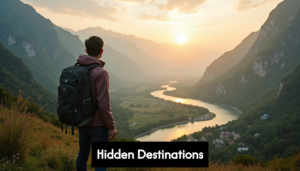 Traveler admiring secluded mountain valley scenery