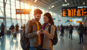 Young couple reviewing travel plans in bright airport terminal