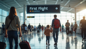 Travelers at a bright airport check-in area with digital sign