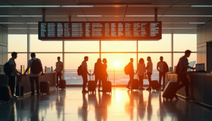 Busy airport departure hall with travelers at sunrise