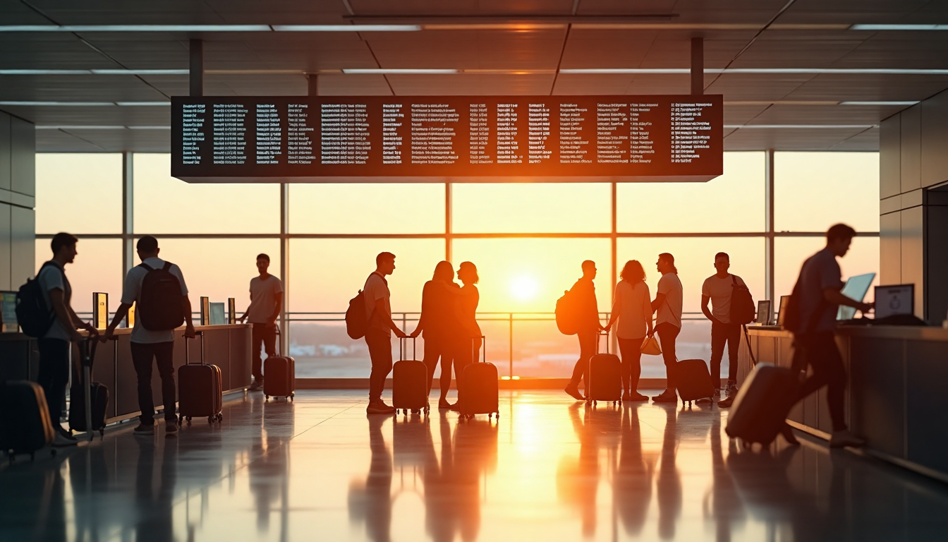 Busy airport departure hall with travelers at sunrise