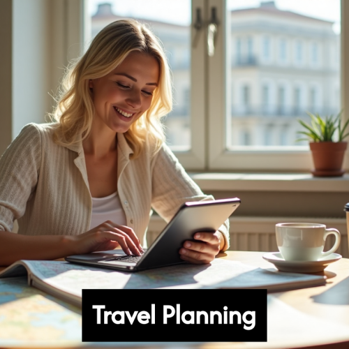 Person planning trip with maps and tablet