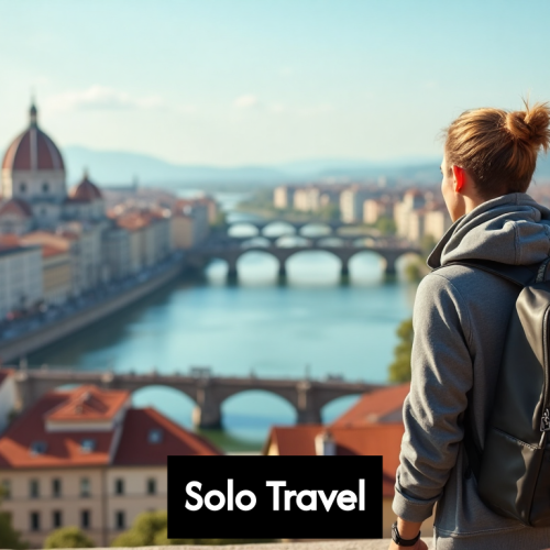 Solo traveler overlooking city at sunrise