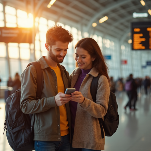 Young couple reviewing travel plans in bright airport terminal