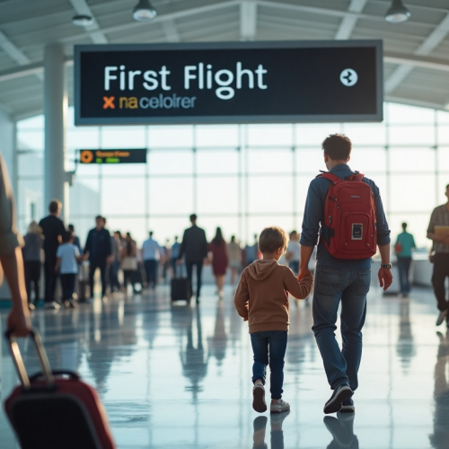 Travelers at a bright airport check-in area with digital sign