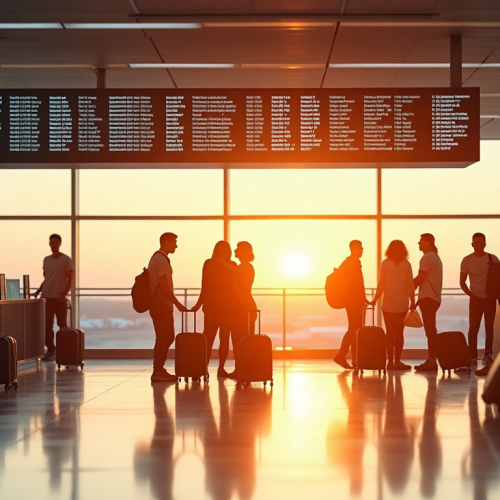 Busy airport departure hall with travelers at sunrise